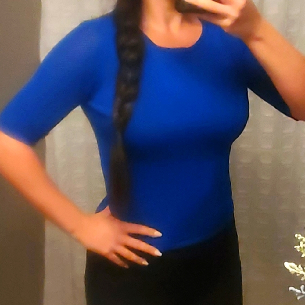 Ivanka Trump Cropped Blue Top with Mesh Sleeves